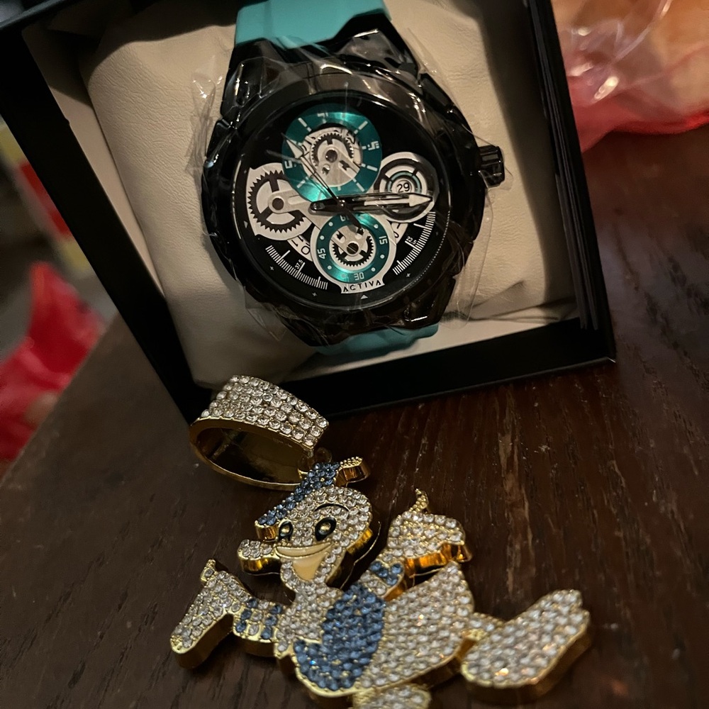 Black and Teal Watch with Pendant